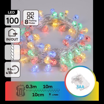 Aigostar - LED āra Ziemassvētku virtene 100 LED/8 režīmi 3xAA 10,3 m IP44 daudzkrāsains