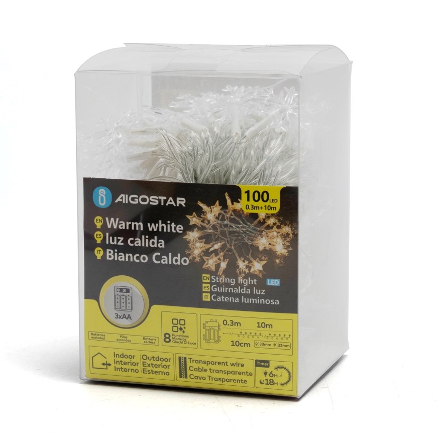 Aigostar - LED āra virtene 100xLED/8 funkcijas 3xAA 10m IP44 silti balta zvaigznes