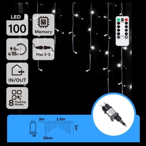 Aigostar - LED āra Ziemassvētku virtene 100xLED/6W/230V/8 režīmi 1,5x1m IP44 auksti balta + tālvadības pults