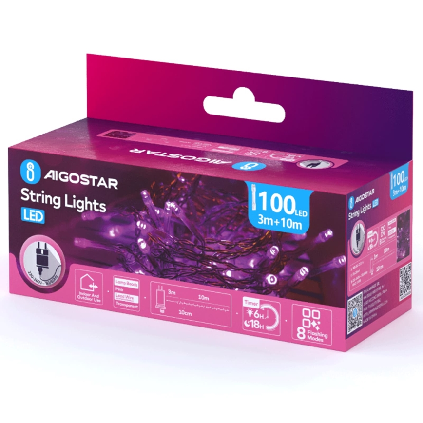 Aigostar - LED āra Ziemassvētku virtene 100xLED/8 funkcijas 13m IP44 rozā