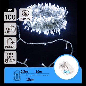 Aigostar - LED āra Ziemassvētku virtene 100xLED/8 funkcijas/3xAA 10,3m IP44 auksti balta