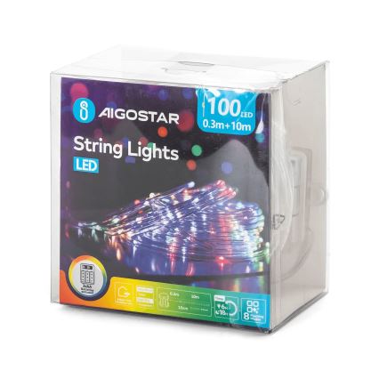 Aigostar - LED āra Ziemassvētku virtene 100xLED/8 funkcijas 3xAA 10,3m IP44 daudzkrāsaina