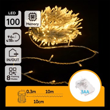 Aigostar -LED āra Ziemassvētku virtene 100xLED/8 funkcijas 3xAA 10,3m IP44 siltā balta