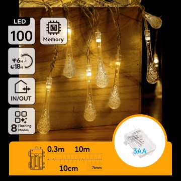 Aigostar - LED āra Ziemassvētku virtene 100xLED/8 funkcijas 3xAA 10 m IP44 siltā balta pilieni
