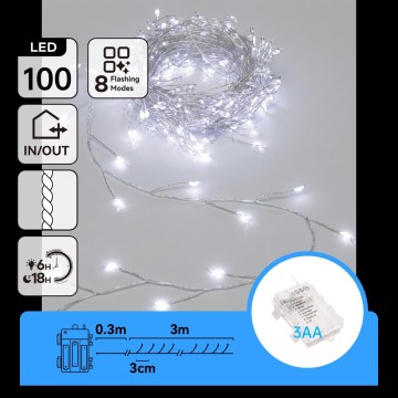 Aigostar - LED āra Ziemassvētku virtene 100xLED/8 funkcijas 3xAA 3,3m IP44 auksti balta
