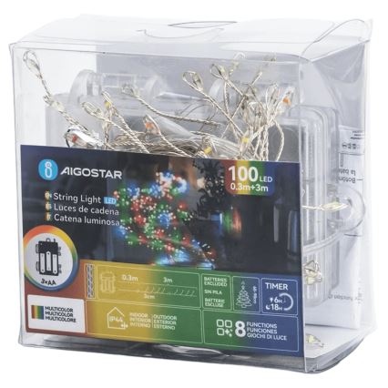 Aigostar - LED āra Ziemassvētku virtene 100xLED/8 funkcijas 3xAA 3,3m IP44 daudzkrāsaina