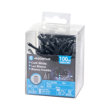 Aigostar - LED āra Ziemassvētku virtene 100xLED/8 funkcijas 3xAA 5,3 m IP44 auksti balta