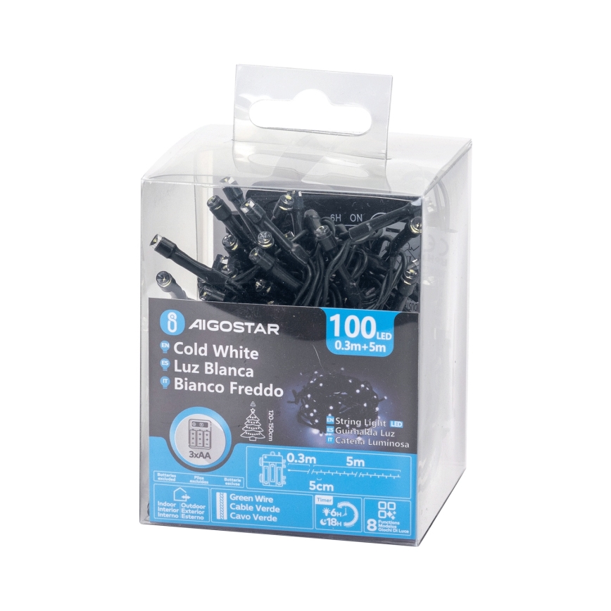 Aigostar - LED āra Ziemassvētku virtene 100xLED/8 funkcijas 3xAA 5,3 m IP44 auksti balta