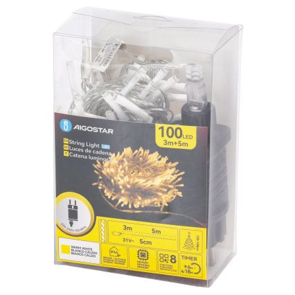 Aigostar - LED āra Ziemassvētku virtene 100xLED/8 funkcijas 5,3m IP44 silti balta