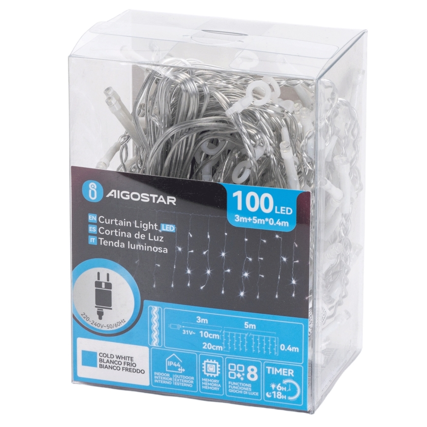 Aigostar - LED āra Ziemassvētku virtene 100xLED/8 funkcijas 5x0,4m IP44 auksti balta