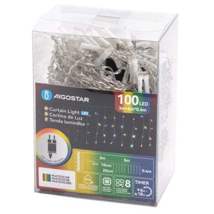 Aigostar - LED āra Ziemassvētku virtene 100xLED/8 funkcijas 8x0,4m IP44 daudzkrāsaina