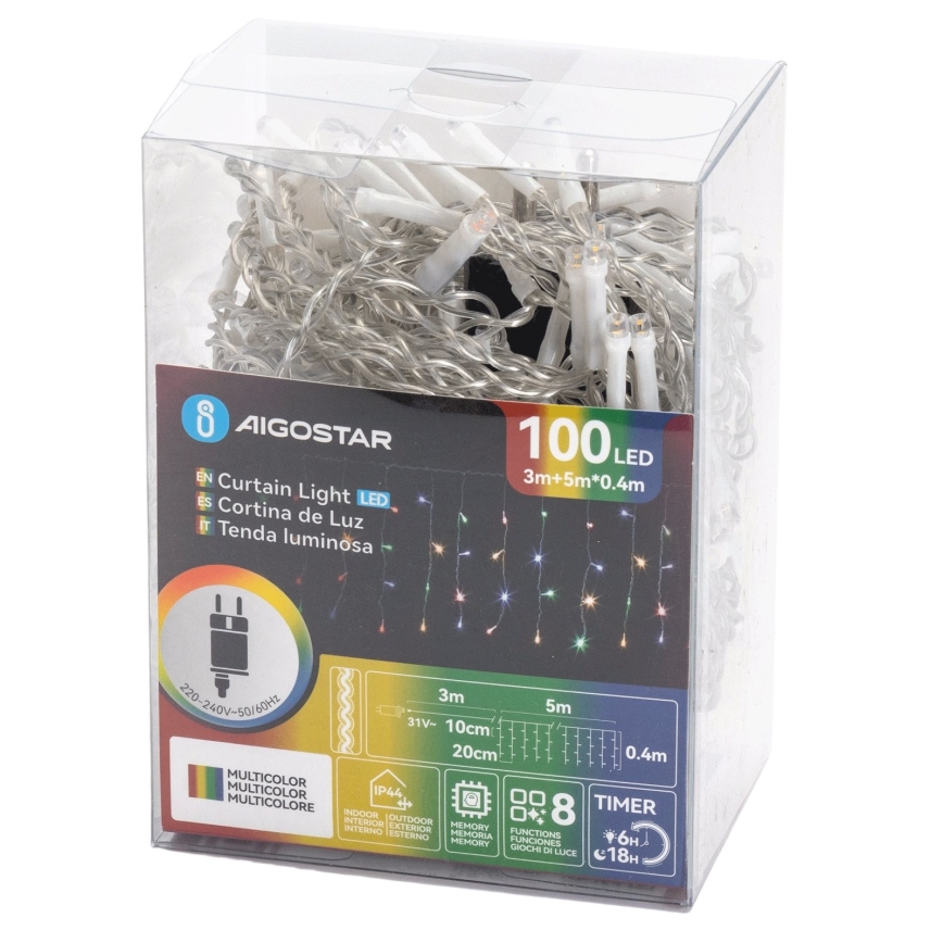 Aigostar - LED āra Ziemassvētku virtene 100xLED/8 funkcijas 8x0,4m IP44 daudzkrāsaina