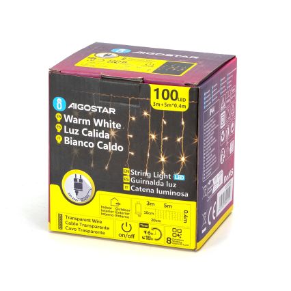 Aigostar - LED Āra Ziemassvētku virtene 100xLED/8 funkcijas 8x0,4m IP44 siltā balta