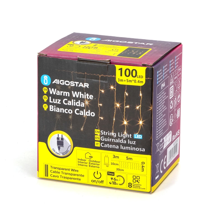 Aigostar - LED Āra Ziemassvētku virtene 100xLED/8 funkcijas 8x0,4m IP44 siltā balta