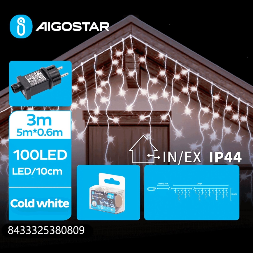 Aigostar - LED āra Ziemassvētku virtene 100xLED/8 funkcijas 8x0,6m IP44 auksti balta