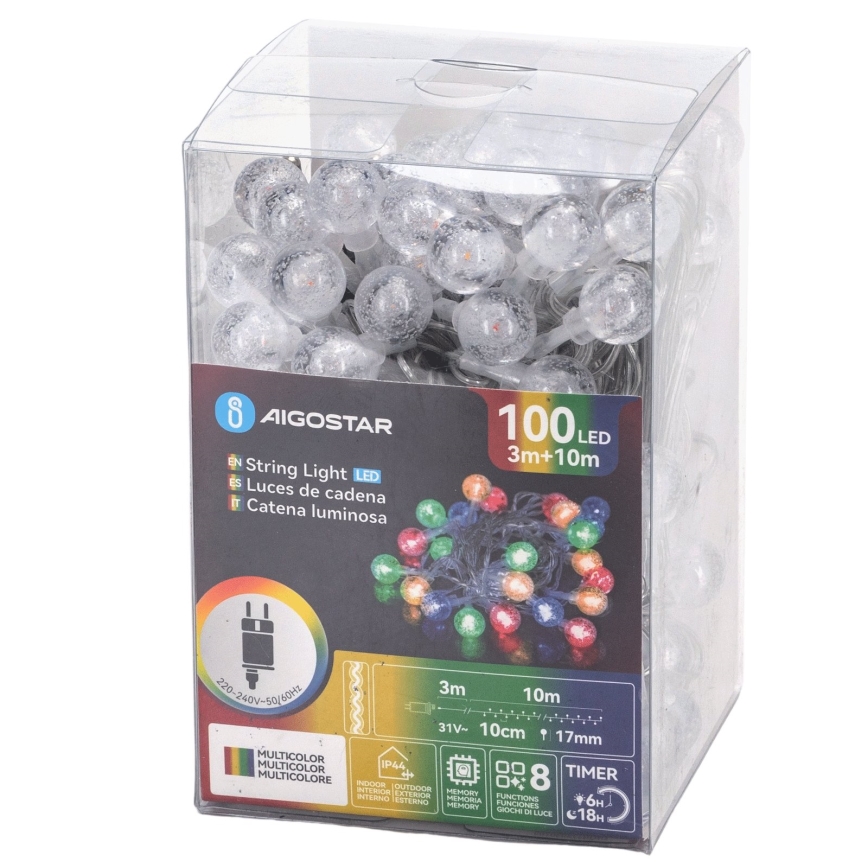 Aigostar - LED āra Ziemassvētku virtene 100xLED/8 režīmi 13m IP44 daudzkrāsaina
