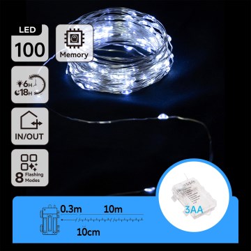 Aigostar - LED āra Ziemassvētku virtene 100xLED/8 režīmi/3xAA 10,3m IP44 auksti balta