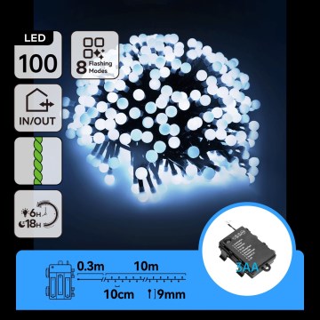 Aigostar - LED Āra Ziemassvētku virtene 100xLED/8 režīmi 3xAA 10,3m IP44 auksti balta