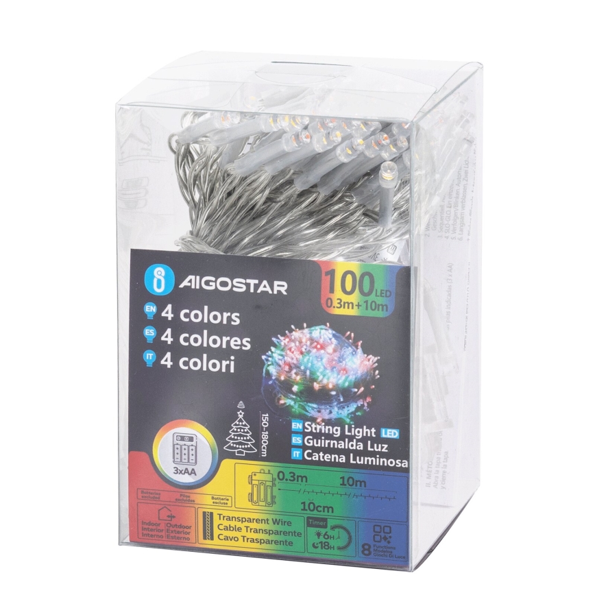 Aigostar - LED āra Ziemassvētku virtene 100 LED/8 režīmi, 3xAA, 10,3 m, IP44, daudzkrāsaina