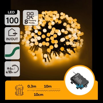 Aigostar - LED āra Ziemassvētku virtene 100xLED/8 režīmi 3xAA 10,3m IP44 siltā balta