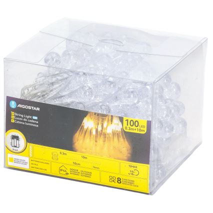 Aigostar - LED āra Ziemassvētku virtene, 100 LED / 8 funkcijas, 3x AA, 10 m, IP44, siltā baltā gaisma, pilienveida