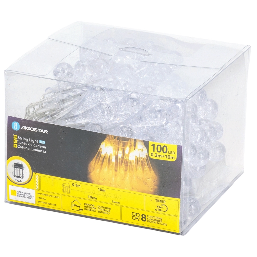 Aigostar - LED āra Ziemassvētku virtene, 100 LED / 8 funkcijas, 3x AA, 10 m, IP44, siltā baltā gaisma, pilienveida