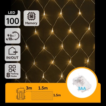 Aigostar - LED āra Ziemassvētku virtene 100xLED/8 režīmi/3xAA 4,5x1,5m IP44 siltā balta