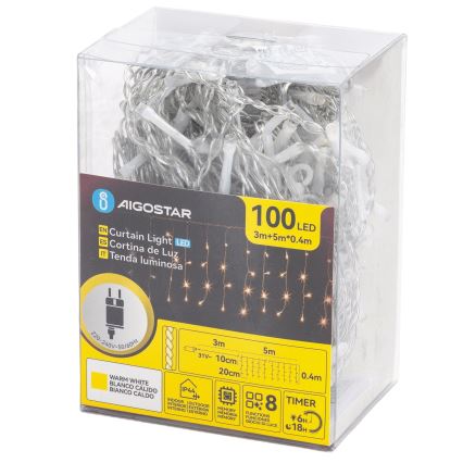 Aigostar - LED āra Ziemassvētku virtene 100xLED/8 režīmi 5x0,4m IP44 siltā balta