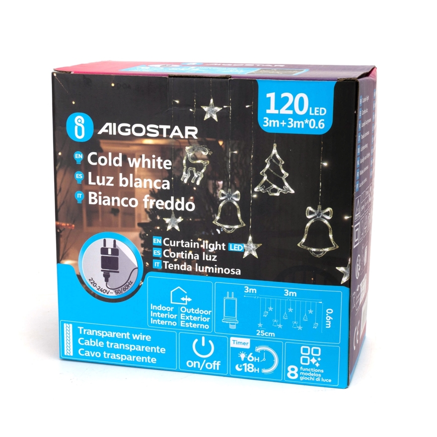 Aigostar - LED āra Ziemassvētku virtene 120xLED/8 režīmi 3x0,6m IP44 auksti balta + tālvadības pults