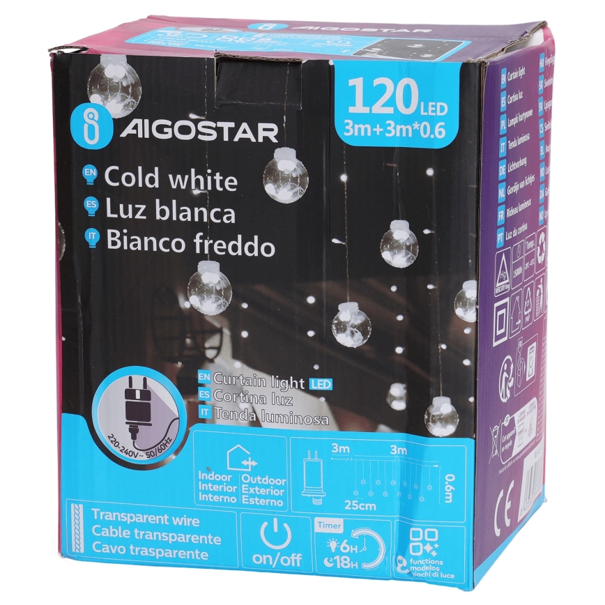 Aigostar - LED āra Ziemassvētku gaismas virtene 120xLED/8 režīmi 3x0,6m IP44 auksti balta + tālvadības pults