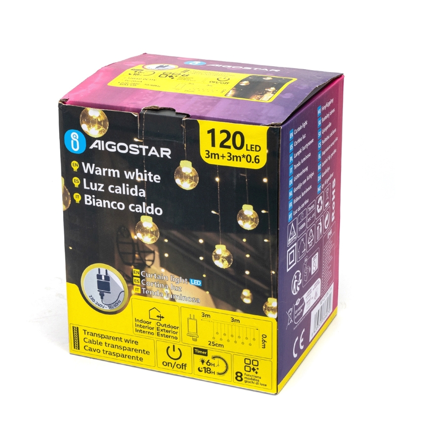 Aigostar - LED āra Ziemassvētku virtene 120xLED/8 funkcijas 3x0,6m IP44 silti balta + tālvadība