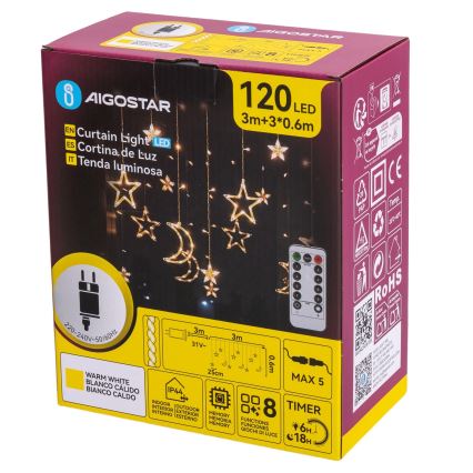 Aigostar - LED āra Ziemassvētku virtene 120xLED/6W/230V/8 režīmi 3x0,6m IP44 silti balta + ar tālvadības pulti