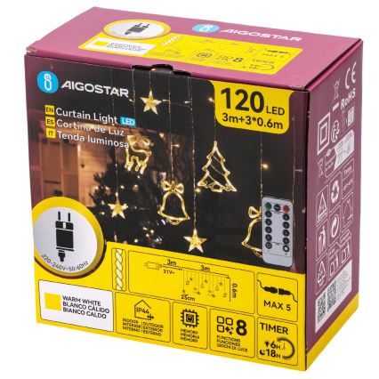 Aigostar - LED āra Ziemassvētku virtene 120 LED/8 režīmi 3x0,6m IP44 silti balta + tālvadība