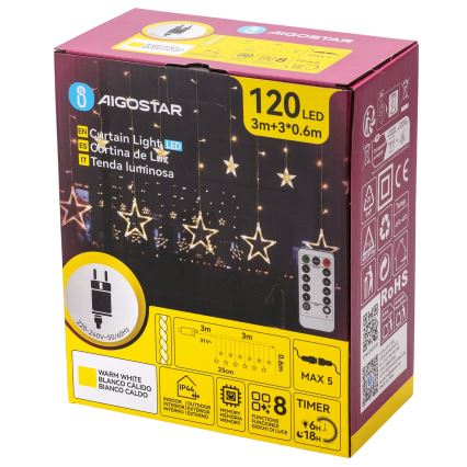 Aigostar - LED āra Ziemassvētku virtene, 120 LED, 8 gaismas režīmi, 3x0,6 m, IP44, siltā balta + tālvadības pults