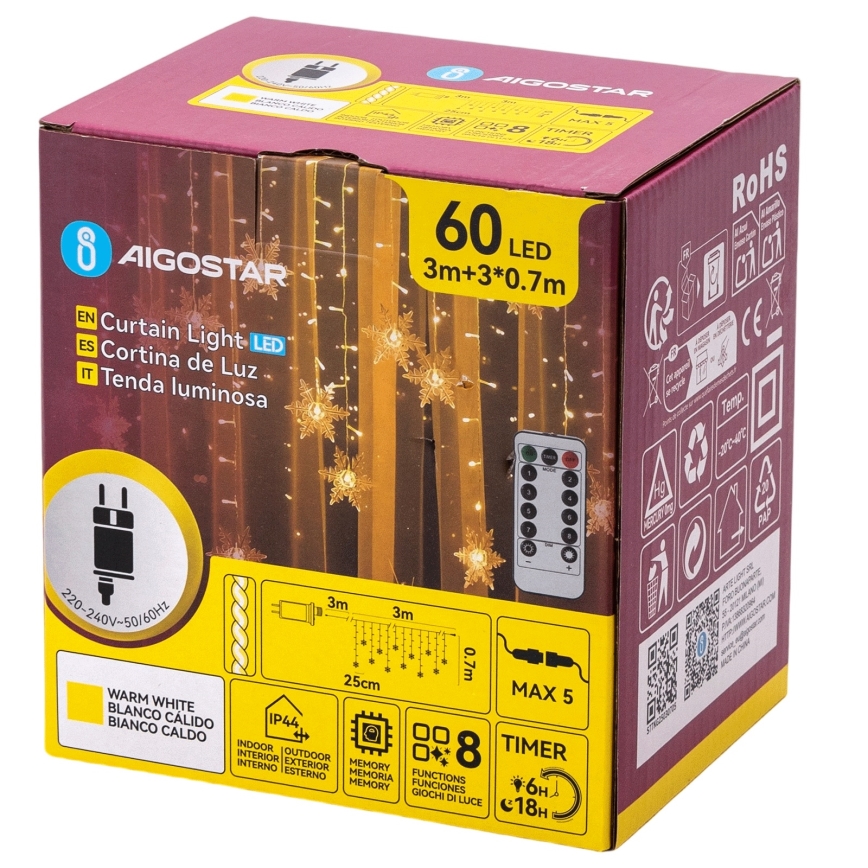 Aigostar - LED āra virtene 120xLED/8 funkcijas 3x0,7m IP44 siltā balta + ar tālvadības pulti