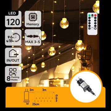 Aigostar - LED āra Ziemassvētku virtene 120xLED/8 funkcijas 3x0,6m IP44 silti balta + tālvadība