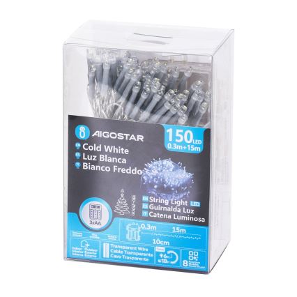 Aigostar - LED āra Ziemassvētku virtene 150 LED/8 funkcijas 15,3 m IP44 auksti balta