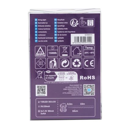 Aigostar - LED āra Ziemassvētku virtene 150 LED/8 funkcijas 15,3 m IP44 auksti balta