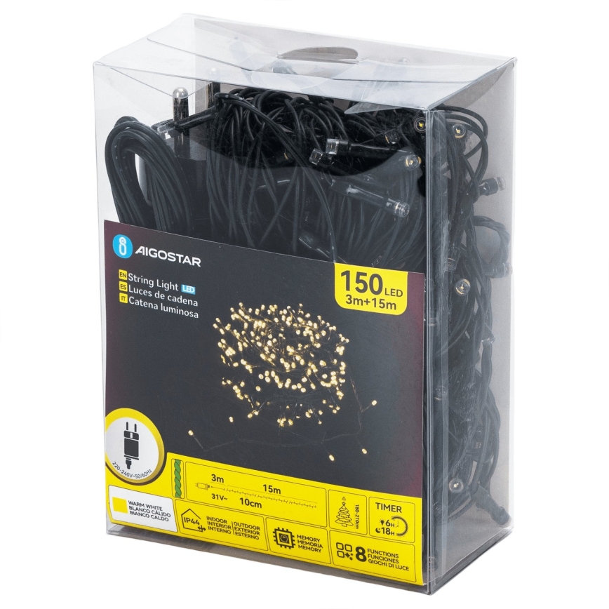 Aigostar - LED āra Ziemassvētku virtene 150 LED/8 funkcijas, 18 m, IP44, siltā baltā krāsā