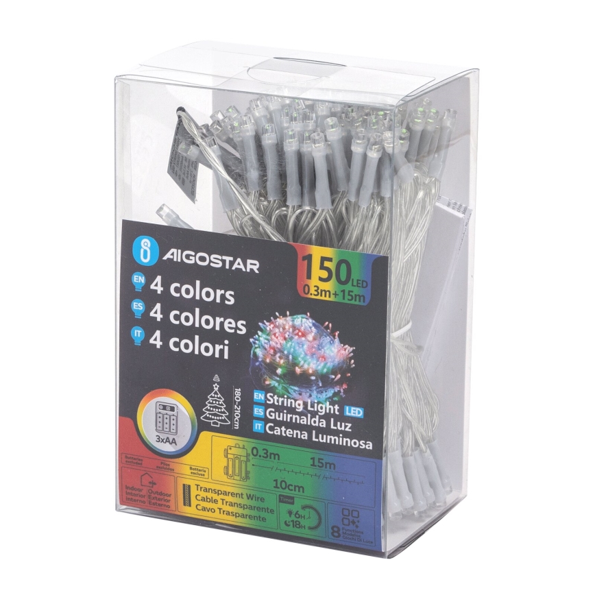 Aigostar - LED Āra Ziemassvētku virtene 150xLED/8 funkcijas 3xAA 15,3m IP44 daudzkrāsains