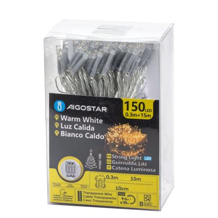 Aigostar - LED Āra Ziemassvētku virtene 150xLED/8 funkcijas 3xAA 15,3m IP44 silti balta