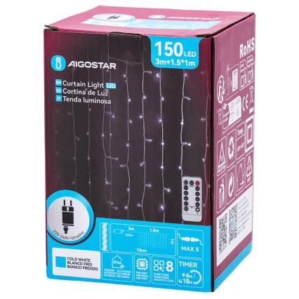 Aigostar - Āra Ziemassvētku LED virtene 150 LED/6W/230V/8 režīmi 1,5x1m IP44 auksti balta + ar tālvadības pulti