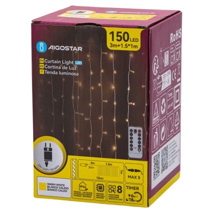 Aigostar - LED Āra Ziemassvētku virtene 150xLED/6W/230V/8 funkcijas 1,5x1m IP44 siltā balta + tālvadība