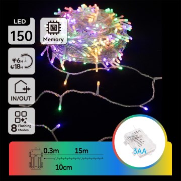Aigostar -LED Āra Ziemassvētku virtene 150xLED/8 apgaismojuma režīmi 3xAA 15,3m IP44 daudzkrāsaina
