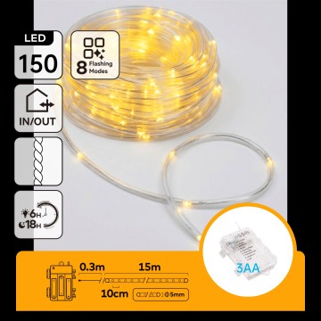 Aigostar - LED Āra Ziemassvētku virtene 150xLED/8 režīmi 3xAA 15,3m IP44 silti balta