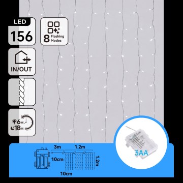 Aigostar - LED āra Ziemassvētku virtene 156xLED/8 režīmi 3xAA 4,2x1,2m IP44 auksti balta