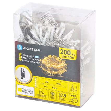 Aigostar - LED āra Ziemassvētku virtene 200 LED/8 funkcijas 13 m IP44 siltā balta