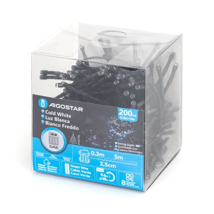 Aigostar - LED āra Ziemassvētku virtene, 200xLED/8 režīmi, 3xAA, 5,3 m, IP44, auksti balta