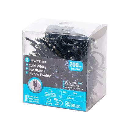 Aigostar - LED āra Ziemassvētku virtene 200 LED/8 režīmi 8 m IP44 auksti balta