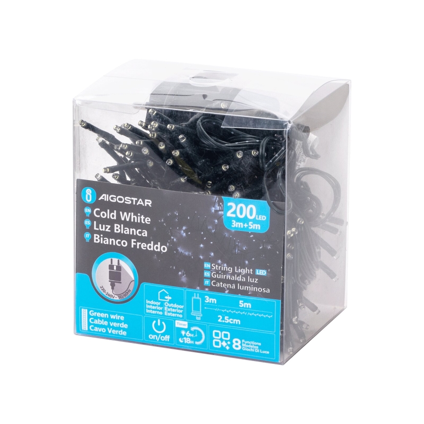 Aigostar - LED āra Ziemassvētku virtene 200 LED/8 režīmi 8 m IP44 auksti balta